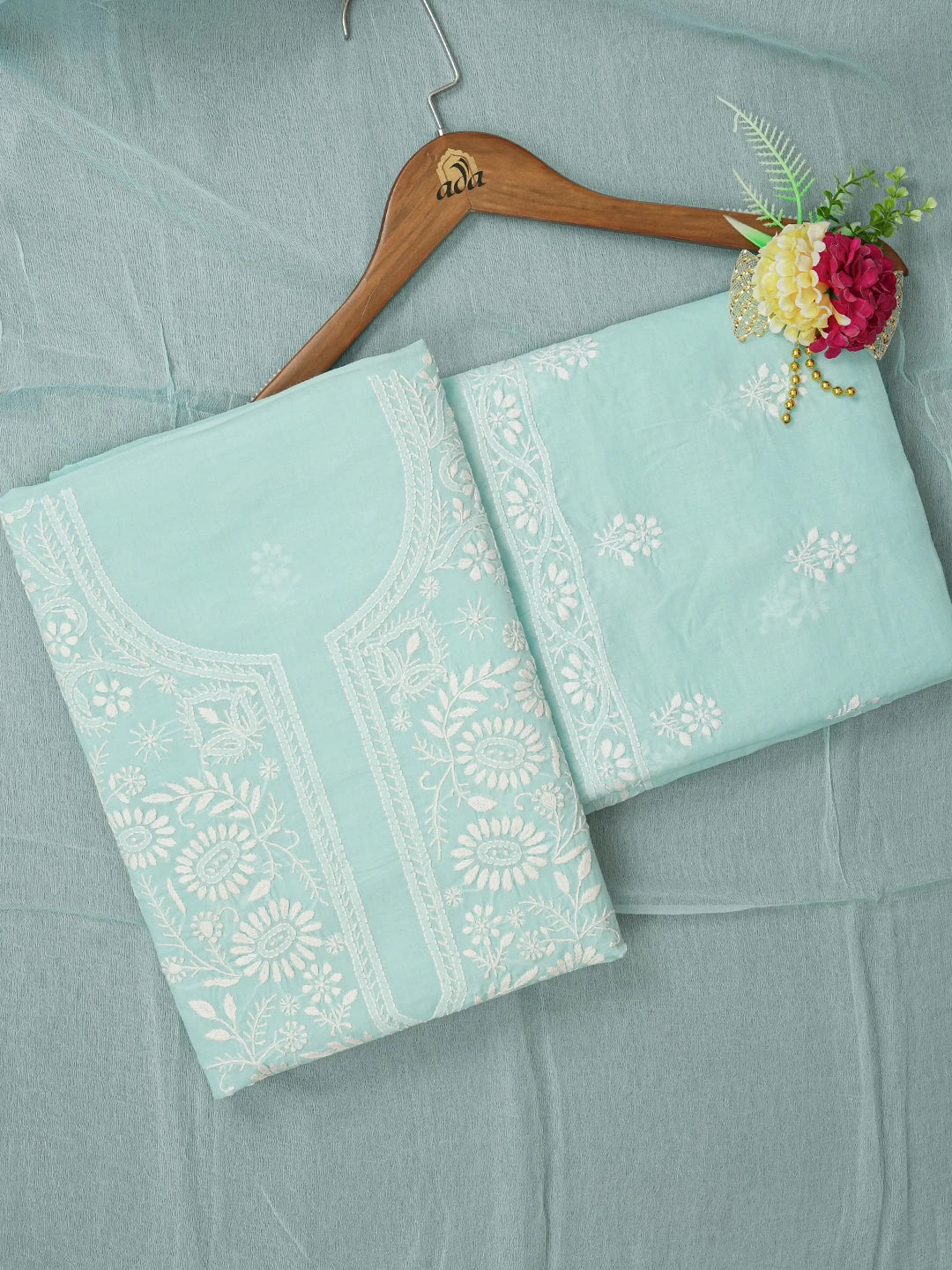 Ada Hand Embroidered Blue Cotton Lucknowi Chikankari Unstitched Suit Piece A211346