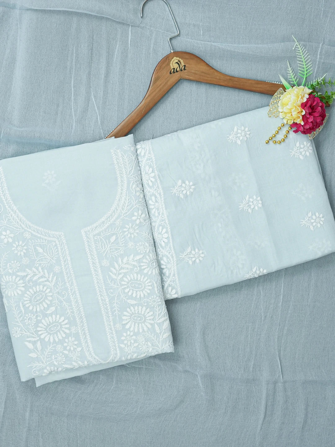 Ada Hand Embroidered Sky Blue Cotton Lucknowi Chikankari Unstitched Suit Piece A211344