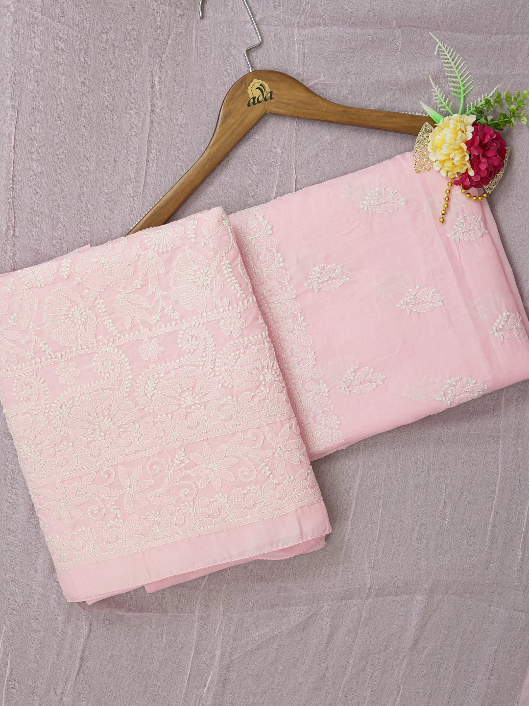 Ada Hand Embroidered Pink Cotton Lucknowi Chikankari Unstitched Suit Piece A211351