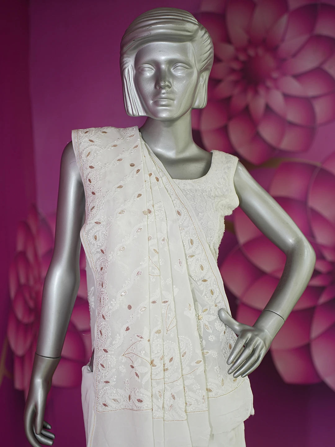 Ada Hand Embroidered White Viscose Georgette Lucknowi Chikankari Saree With Blouse And Gota Patti Work 01A604473