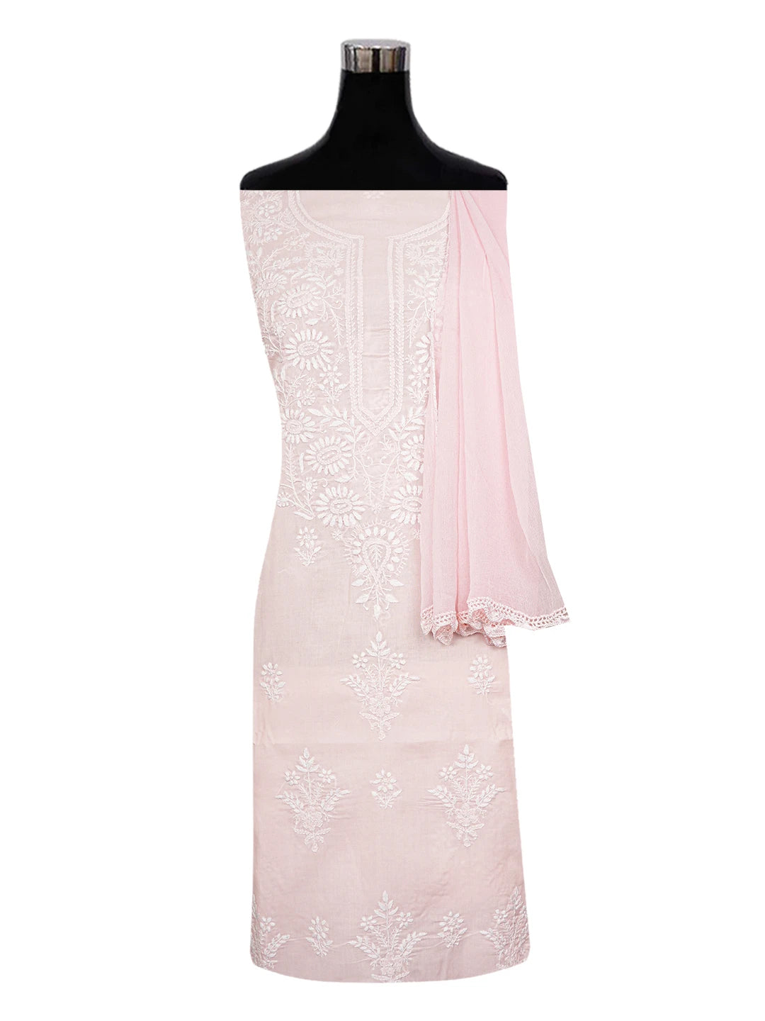 Ada Hand Embroidered Pastel Peach Pink Cotton Lucknowi Chikankari Unstitched Suit Piece A211345