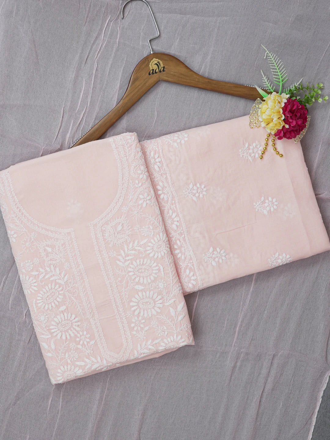 Ada Hand Embroidered Pastel Peach Pink Cotton Lucknowi Chikankari Unstitched Suit Piece A211345