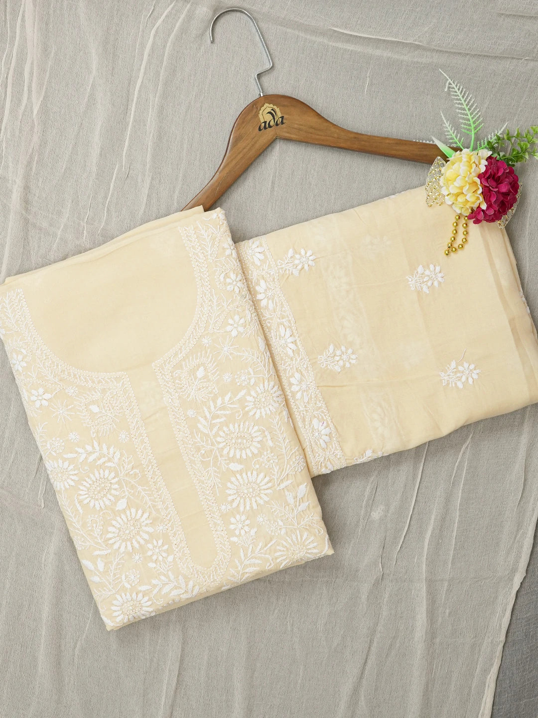 Ada Hand Embroidered Fawn Cotton Lucknowi Chikankari Unstitched Suit Piece A211343