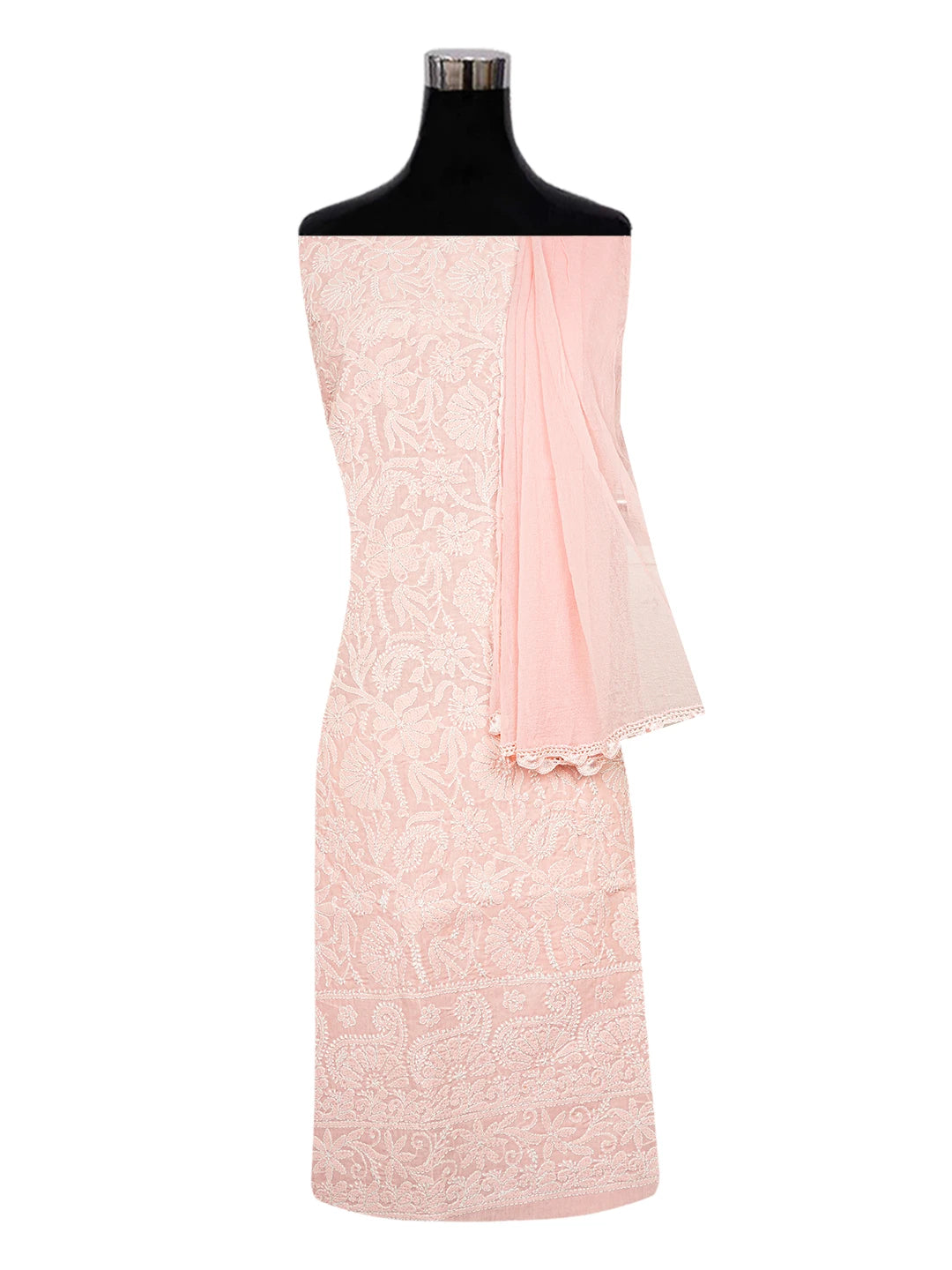 Ada Hand Embroidered Candlelight Peach Cotton Lucknowi Chikankari Unstitched Suit Piece A211350