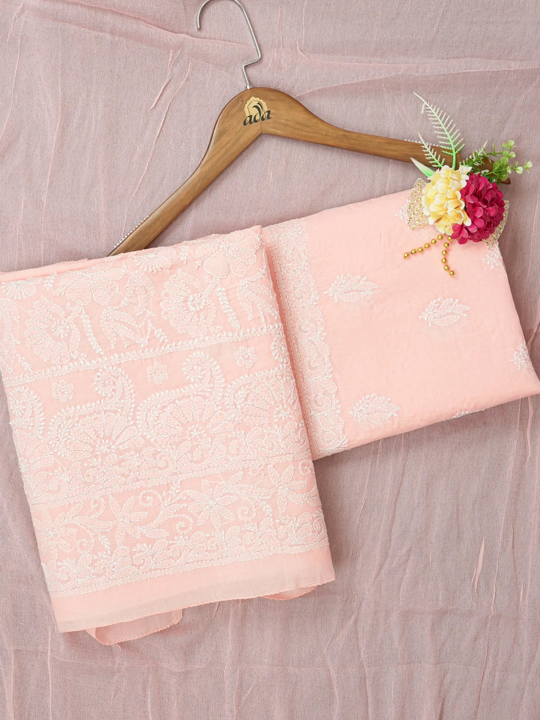 Ada Hand Embroidered Candlelight Peach Cotton Lucknowi Chikankari Unstitched Suit Piece A211350