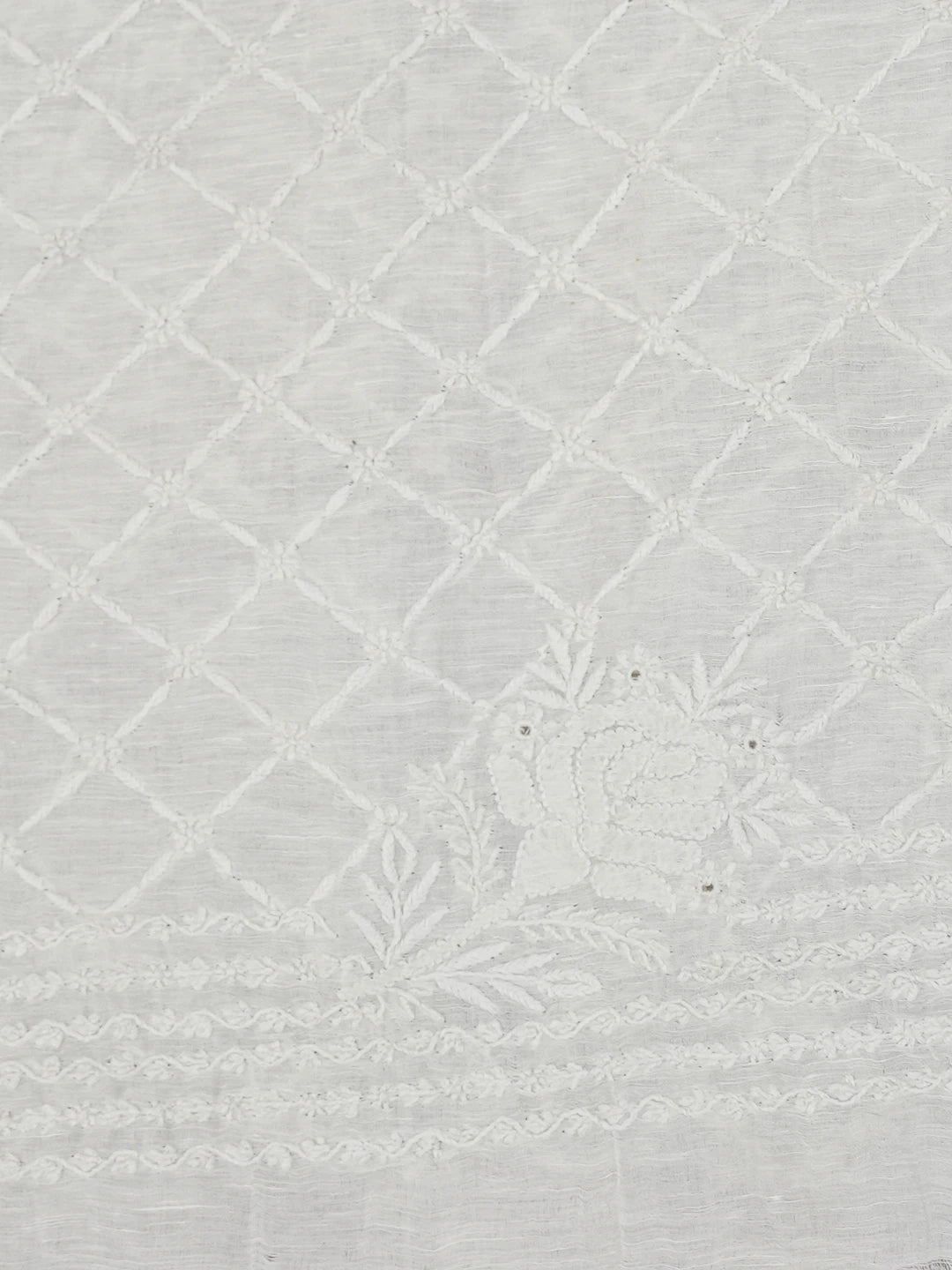 Ada Hand Embroidered Ivory White Linen Silk Lucknowi Chikankari Saree and Blouse 01A590909