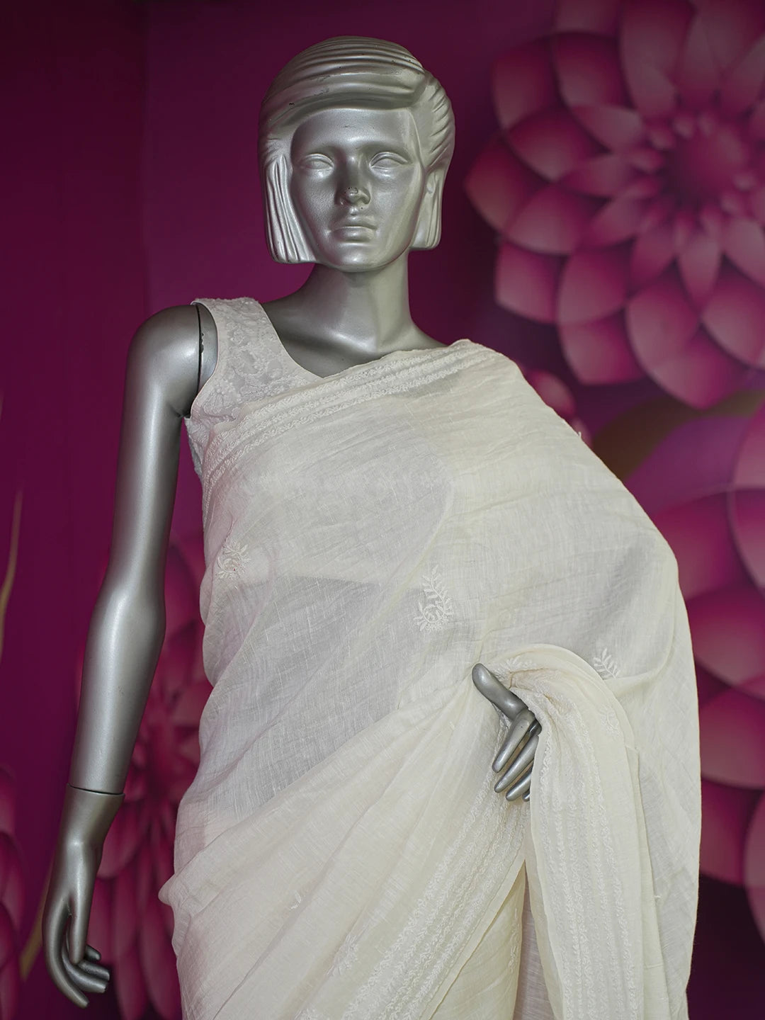 Ada Hand Embroidered Ivory White Linen Silk Lucknowi Chikankari Saree and Blouse 01A590909