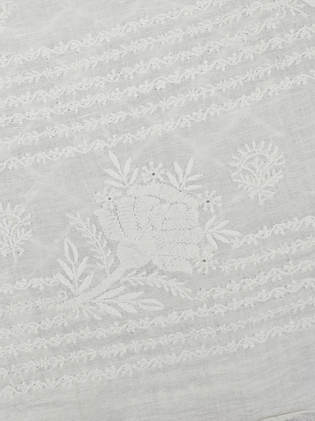 Ada Hand Embroidered Ivory White Linen Silk Lucknowi Chikankari Saree and Blouse 01A590909