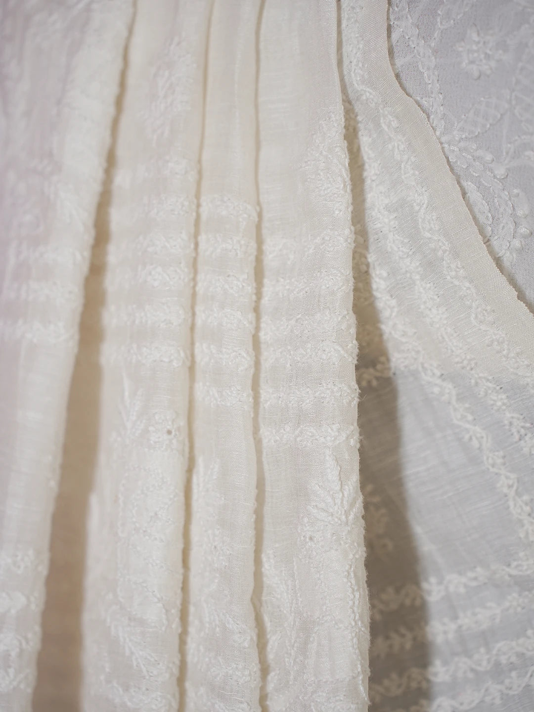 Ada Hand Embroidered Ivory White Linen Silk Lucknowi Chikankari Saree and Blouse 01A590909