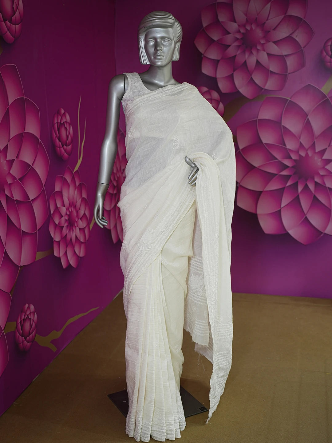 Ada Hand Embroidered Ivory White Linen Silk Lucknowi Chikankari Saree and Blouse 01A590909