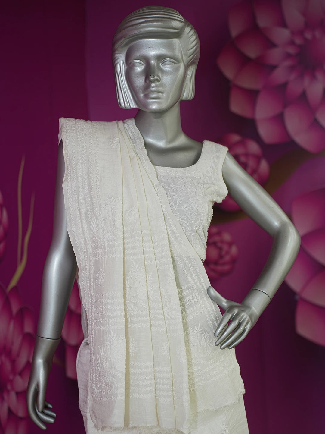 Ada Hand Embroidered Ivory White Linen Silk Lucknowi Chikankari Saree and Blouse 01A590909