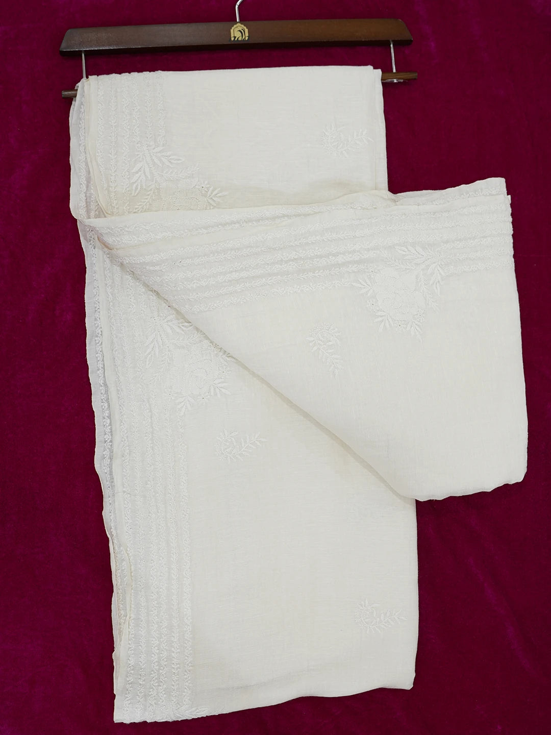 Ada Hand Embroidered Ivory White Linen Silk Lucknowi Chikankari Saree and Blouse 01A590909
