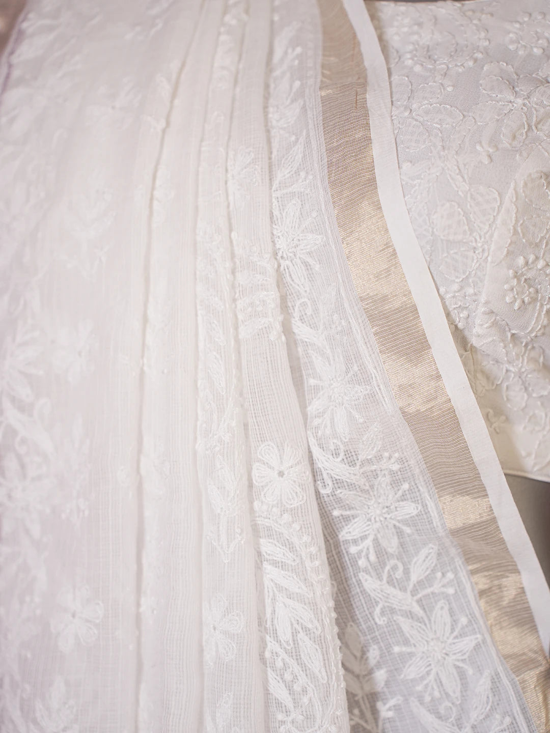 Ada Hand Embroidered White Kota Lucknowi Chikankari Saree and Blouse 01A624012