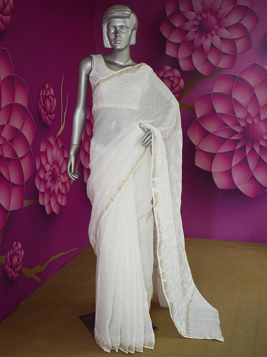 Ada Hand Embroidered White Kota Lucknowi Chikankari Saree and Blouse 01A624012