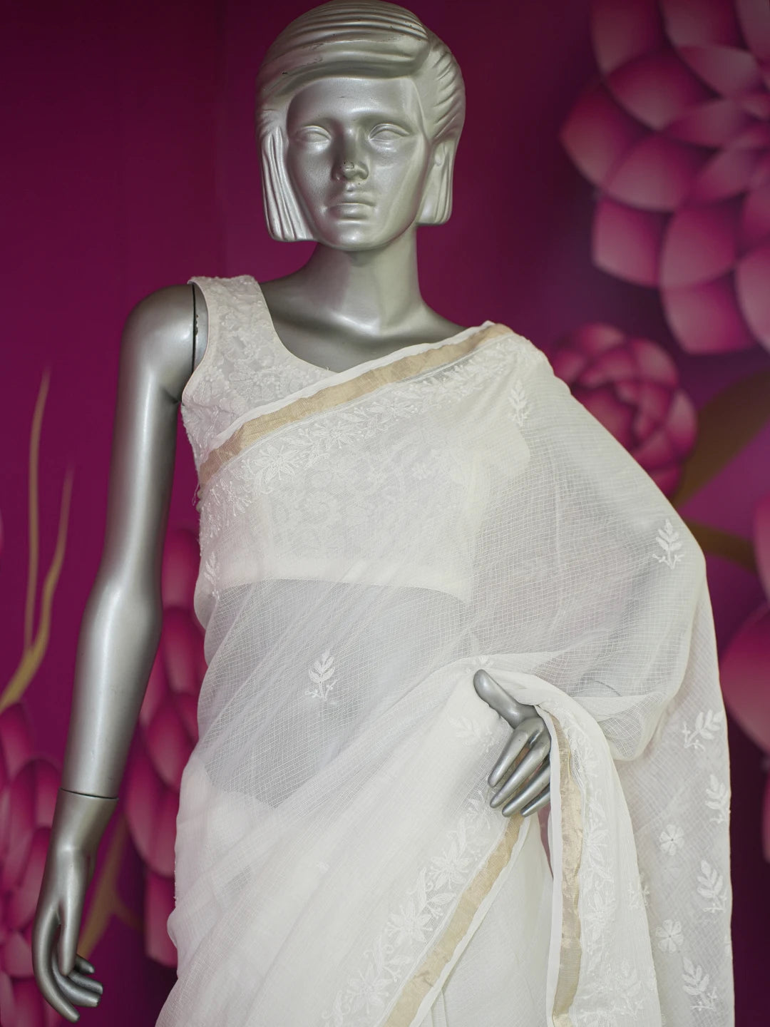 Ada Hand Embroidered White Kota Lucknowi Chikankari Saree and Blouse 01A624012