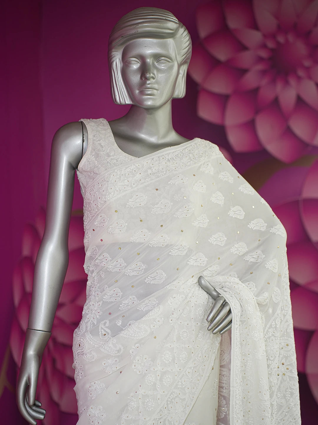 Ada Hand Embroidered White Pure Georgette Lucknowi Chikankari Saree and Blouse With Mukaish Work 01A620469