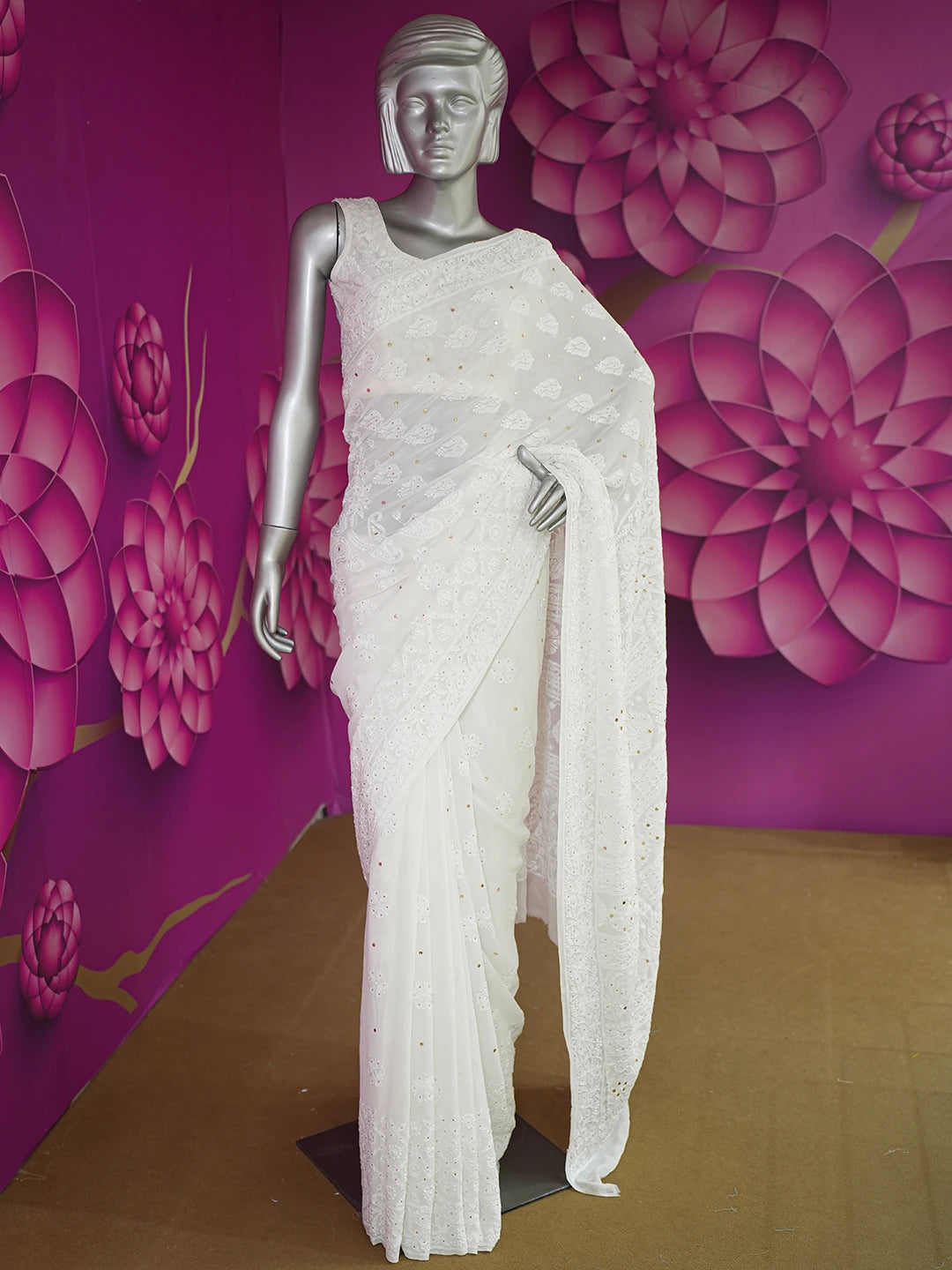 Ada Hand Embroidered White Pure Georgette Lucknowi Chikankari Saree and Blouse With Mukaish Work 01A620469