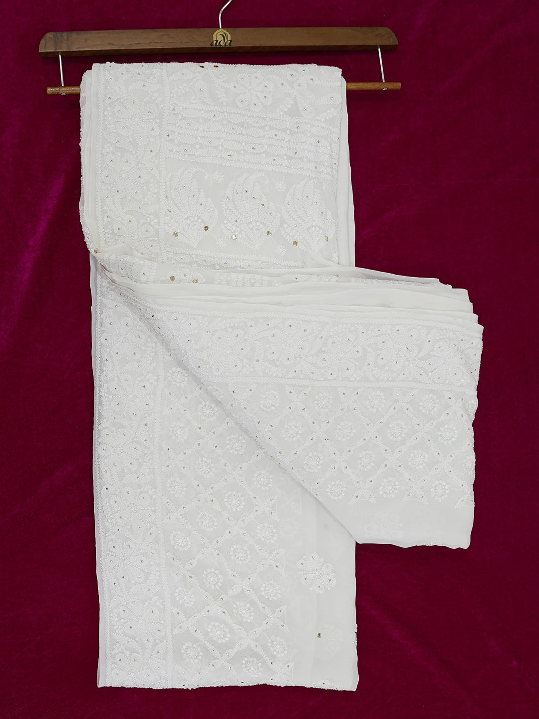 Ada Hand Embroidered White Pure Georgette Lucknowi Chikankari Saree and Blouse With Mukaish Work 01A620469