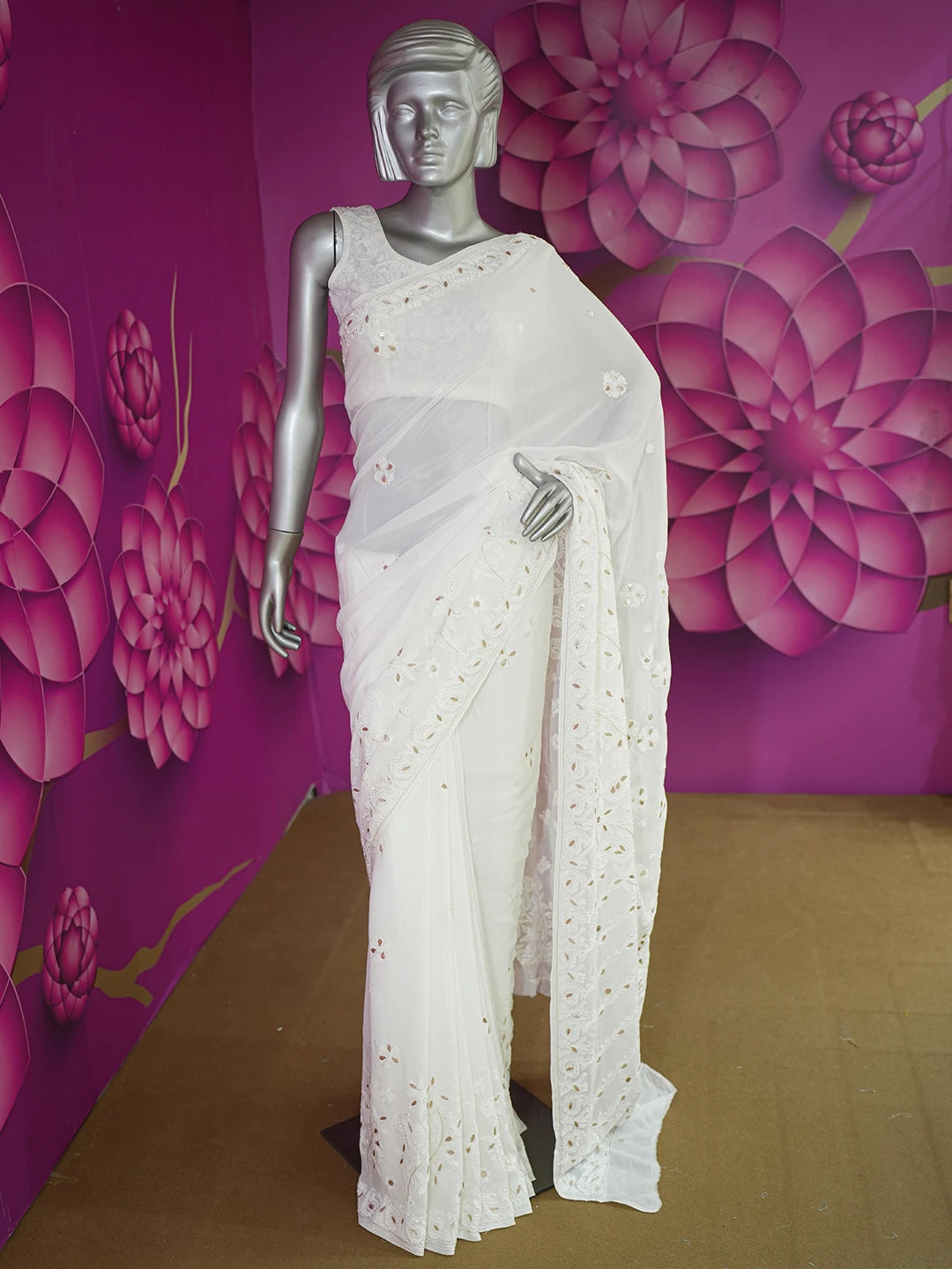 Ada Hand Embroidered White Faux Georgette Lucknowi Chikankari Saree and Blouse With Gota patti Work 01A583525