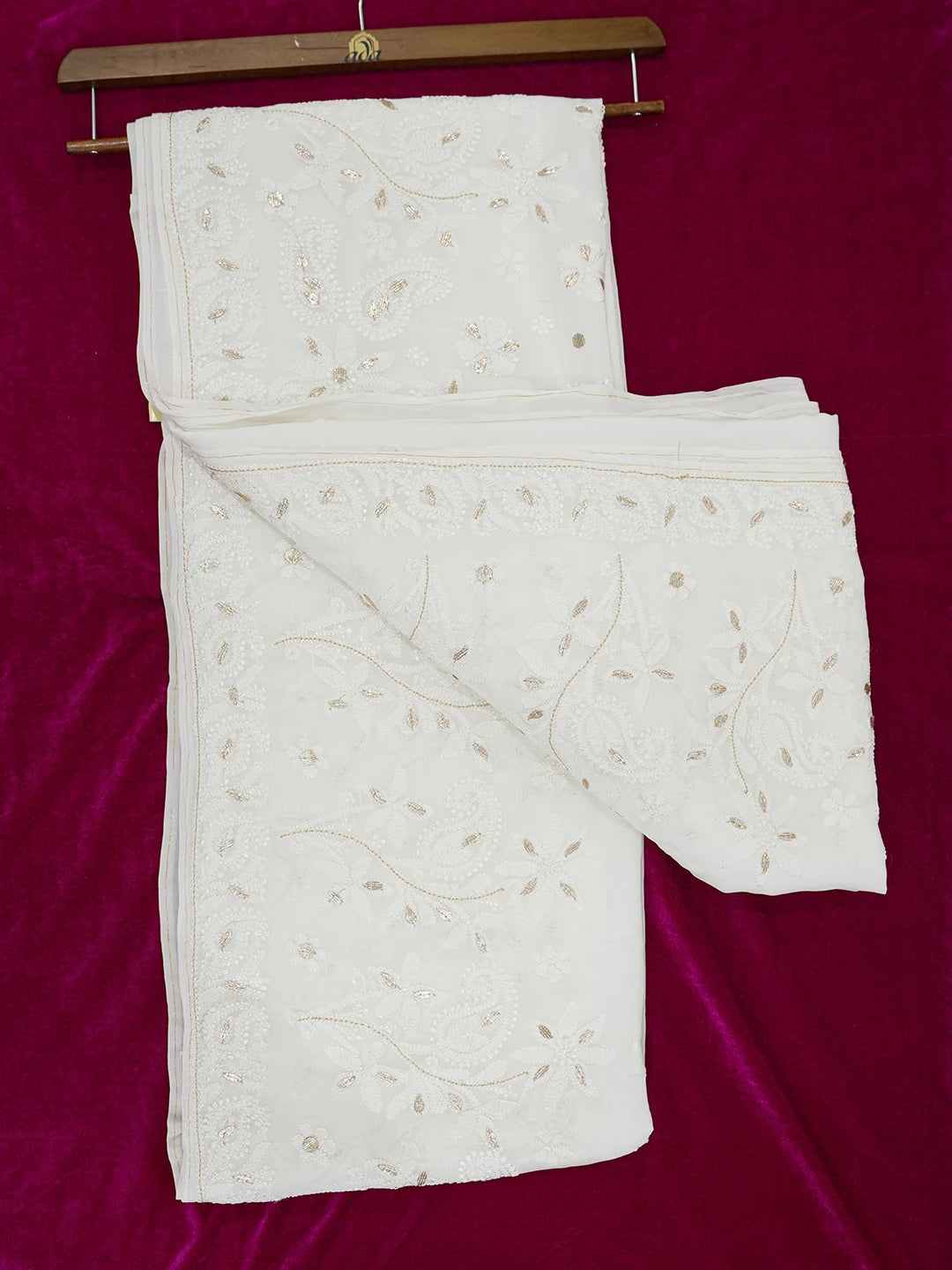 Ada Hand Embroidered White Faux Georgette Lucknowi Chikankari Saree and Blouse With Gota patti Work 01A583525