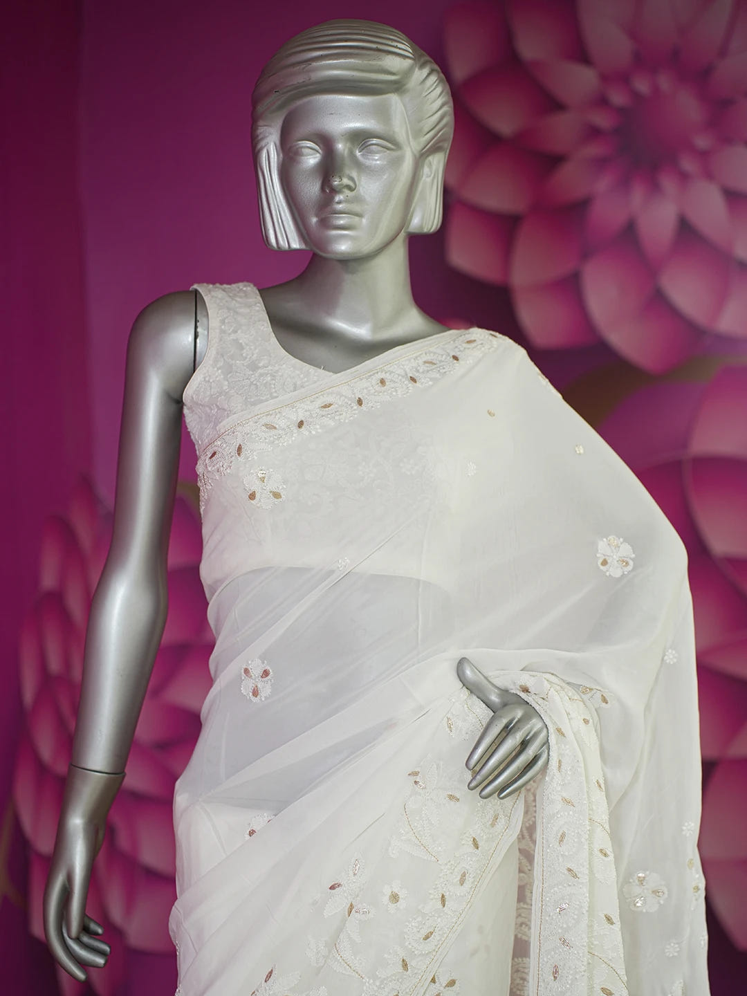 Ada Hand Embroidered White Faux Georgette Lucknowi Chikankari Saree and Blouse With Gota patti Work 01A583525