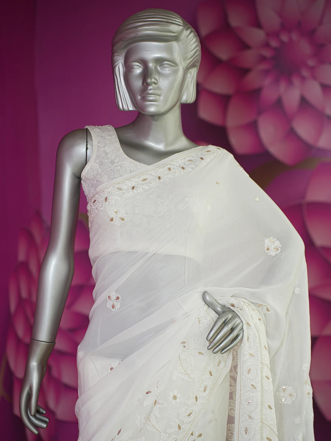 Ada Hand Embroidered White Faux Georgette Lucknowi Chikankari Saree and Blouse With Gota patti Work 01A583525
