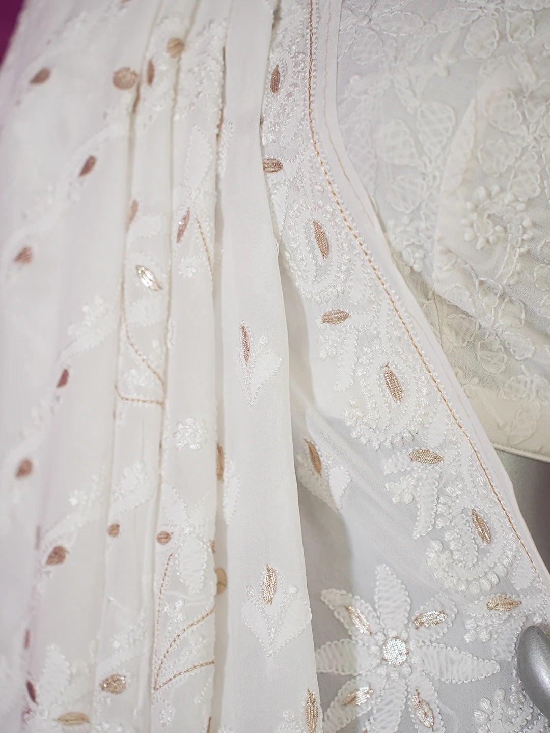 Ada Hand Embroidered White Faux Georgette Lucknowi Chikankari Saree and Blouse With Gota patti Work 01A583525