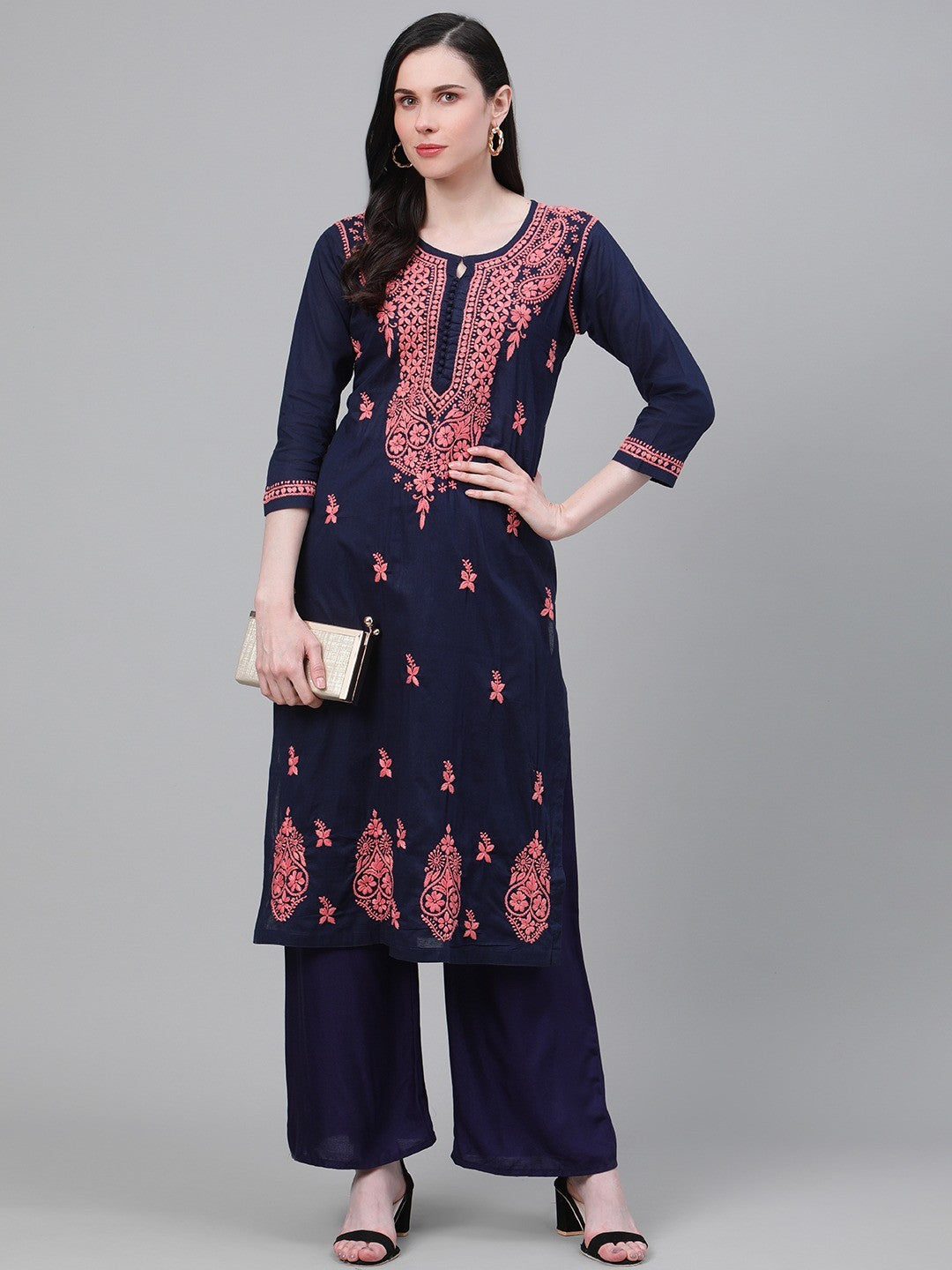 Ada Hand Embroidered Navy Blue Cotton Lucknowi Chikankari Straight Kurta A411145