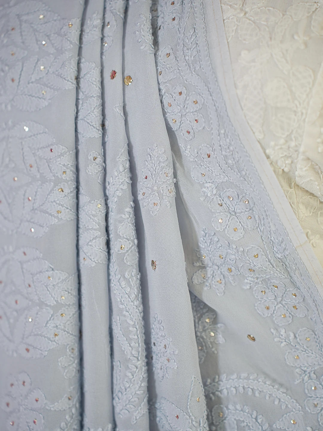 Ada Hand Embroidered Cadet Gray Viscose Georgette Lucknowi Chikankari Saree With Blouse And Muqaish Work 01A627604