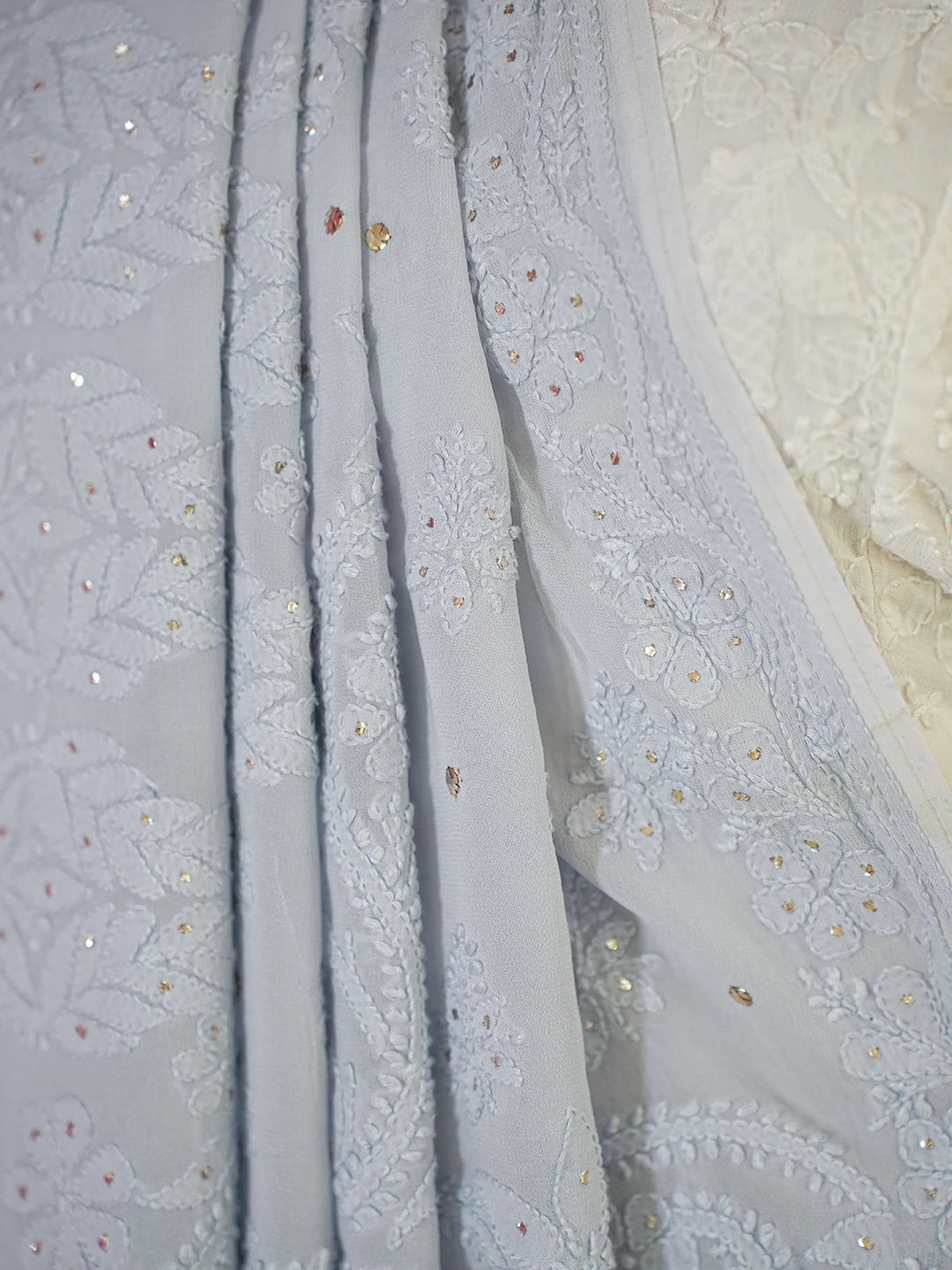 Ada Hand Embroidered Cadet Gray Viscose Georgette Lucknowi Chikankari Saree With Blouse And Muqaish Work 01A627604