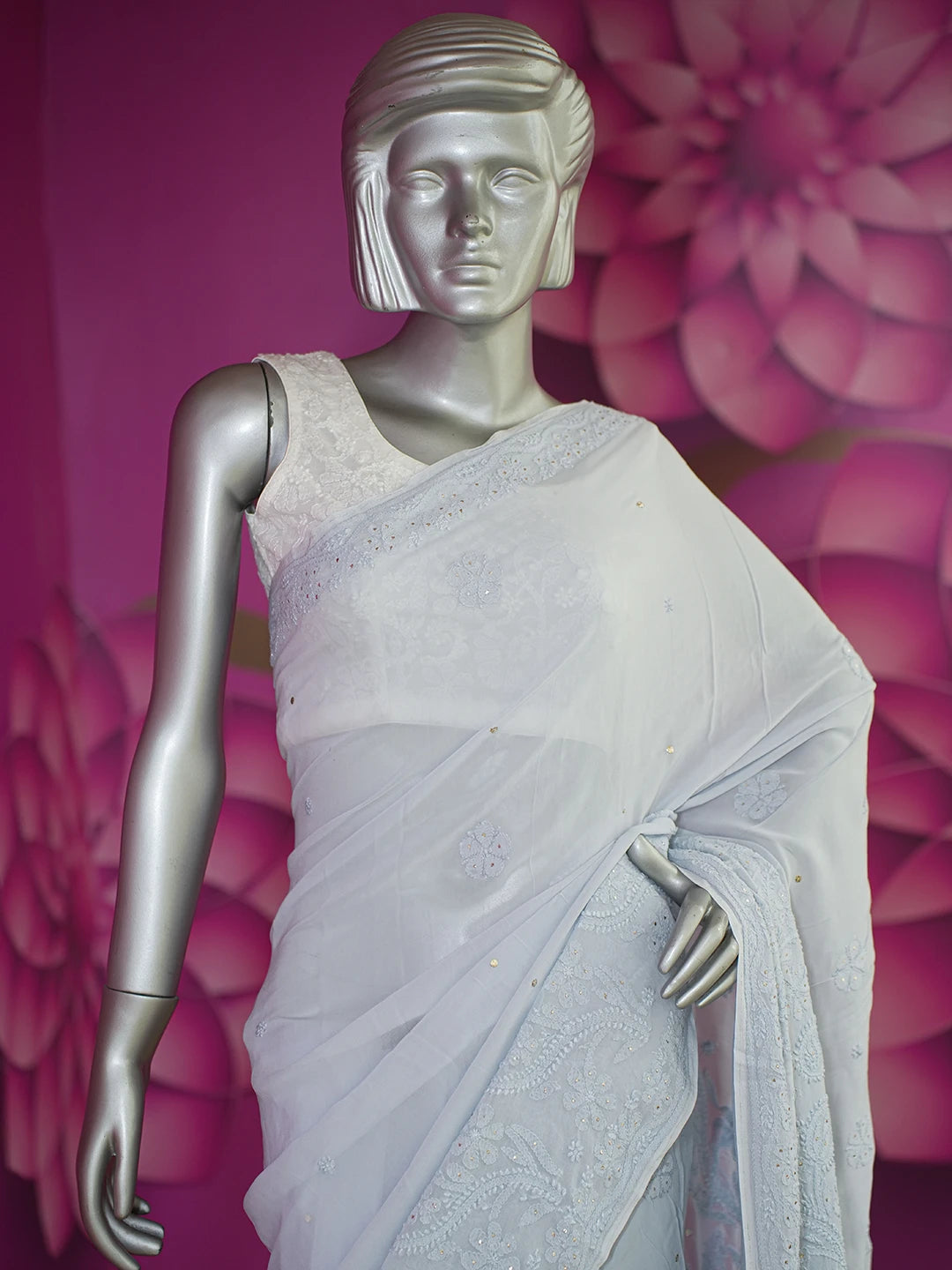 Ada Hand Embroidered Cadet Gray Viscose Georgette Lucknowi Chikankari Saree With Blouse And Muqaish Work 01A627604
