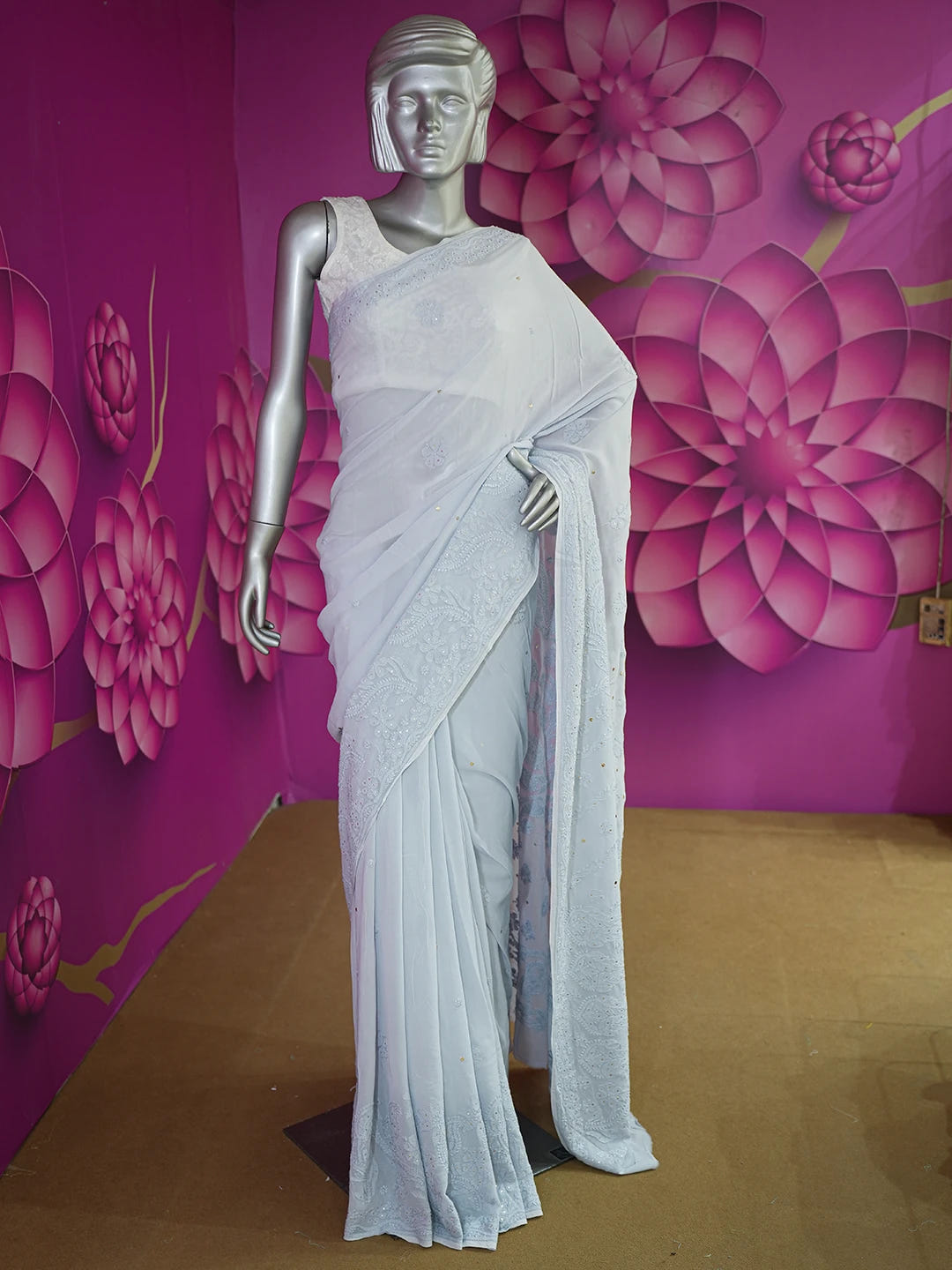 Ada Hand Embroidered Cadet Gray Viscose Georgette Lucknowi Chikankari Saree With Blouse And Muqaish Work 01A627604