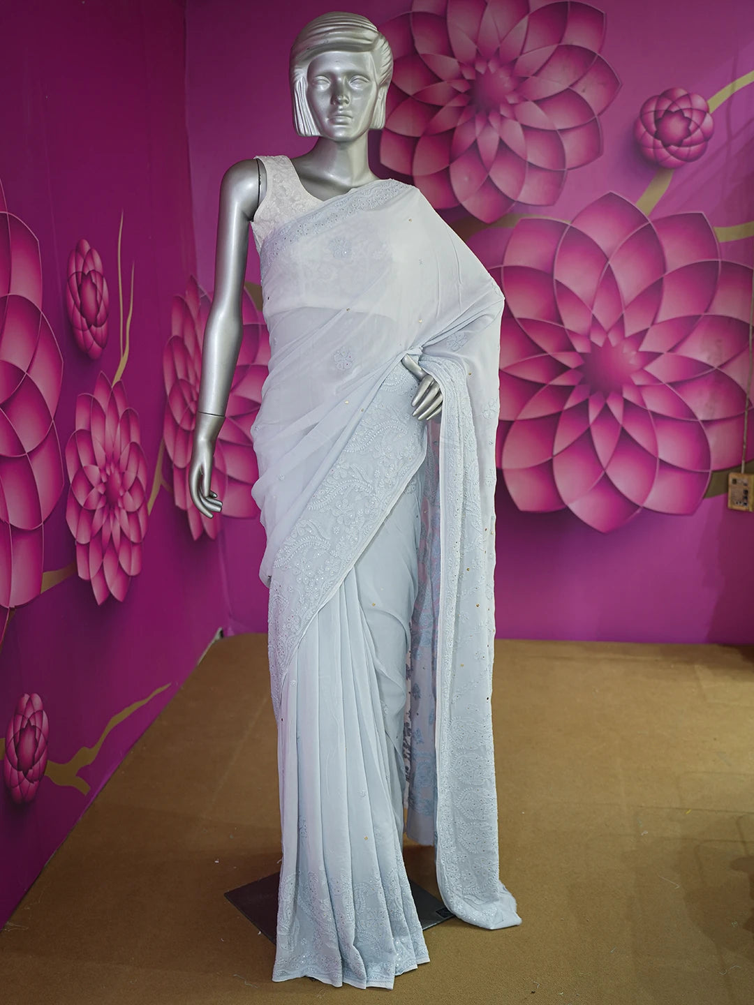 Ada Hand Embroidered Cadet Gray Viscose Georgette Lucknowi Chikankari Saree With Blouse And Muqaish Work 01A627604
