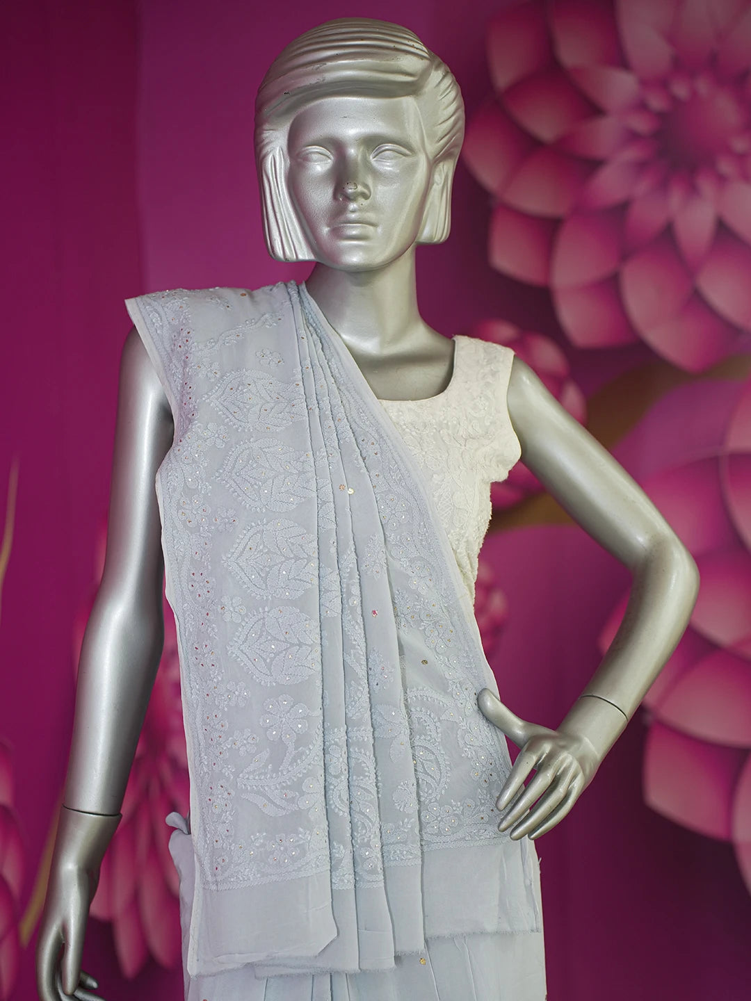 Ada Hand Embroidered Cadet Gray Viscose Georgette Lucknowi Chikankari Saree With Blouse And Muqaish Work 01A627604