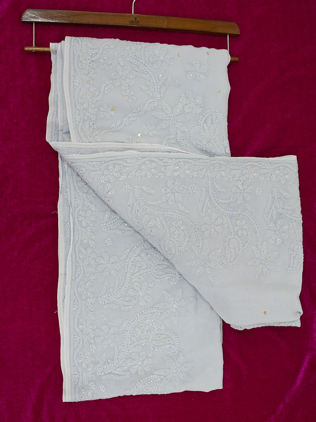 Ada Hand Embroidered Cadet Gray Viscose Georgette Lucknowi Chikankari Saree With Blouse And Muqaish Work 01A627604