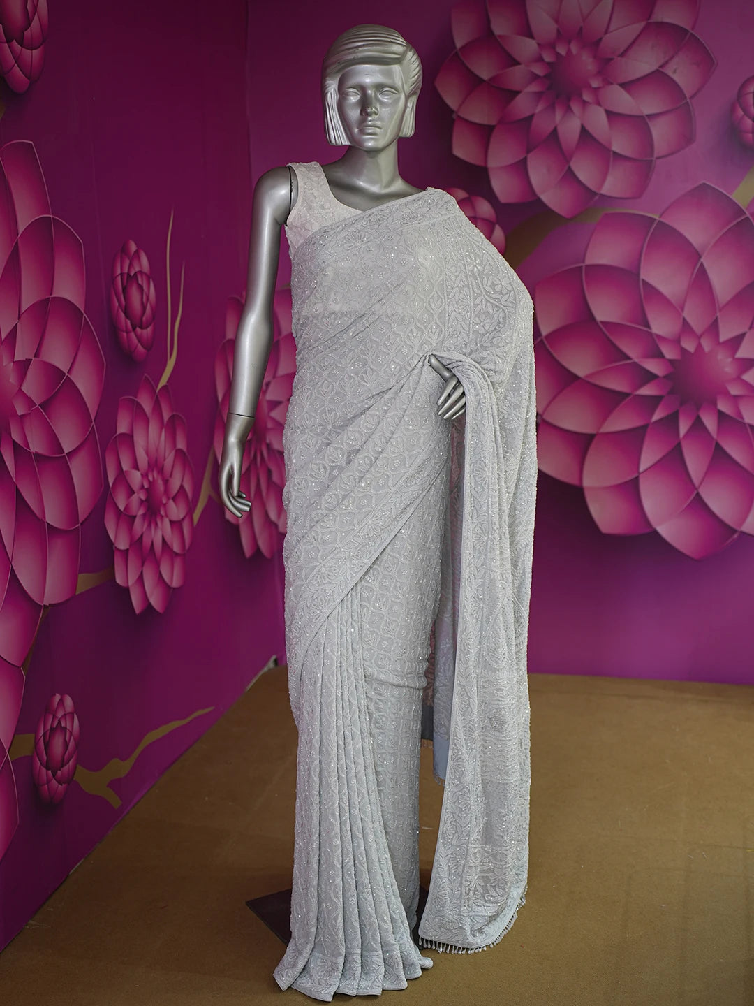 Ada Hand Embroidered Grey Viscose Georgette Lucknowi Chikankari Saree With Blouse And Sequinned Work 01A605352