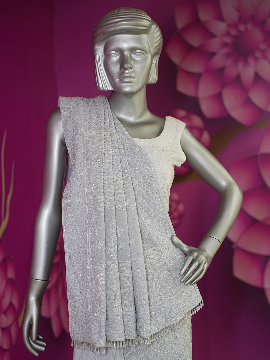 Ada Hand Embroidered Grey Viscose Georgette Lucknowi Chikankari Saree With Blouse And Sequinned Work 01A605352