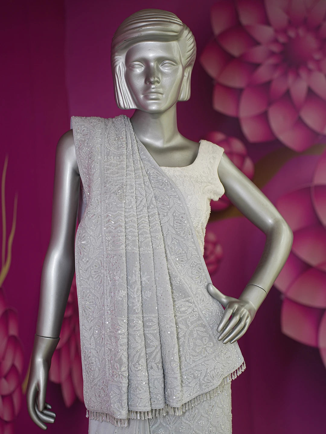 Ada Hand Embroidered Grey Viscose Georgette Lucknowi Chikankari Saree With Blouse And Sequinned Work 01A605352