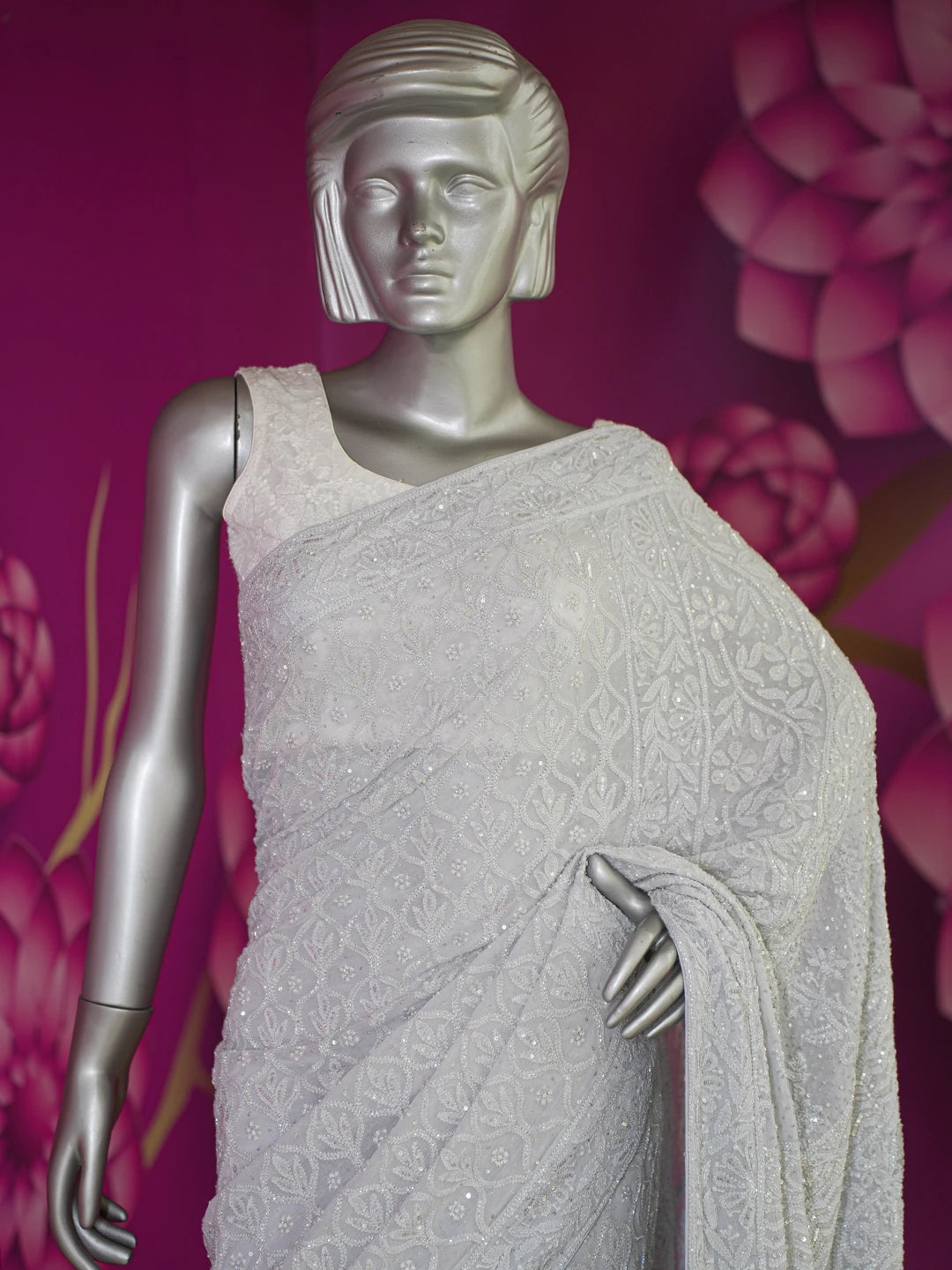 Ada Hand Embroidered Grey Viscose Georgette Lucknowi Chikankari Saree With Blouse And Sequinned Work 01A605352