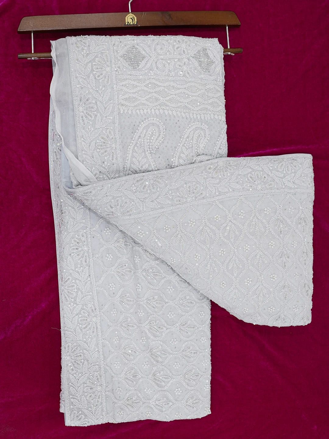 Ada Hand Embroidered Grey Viscose Georgette Lucknowi Chikankari Saree With Blouse And Sequinned Work 01A605352