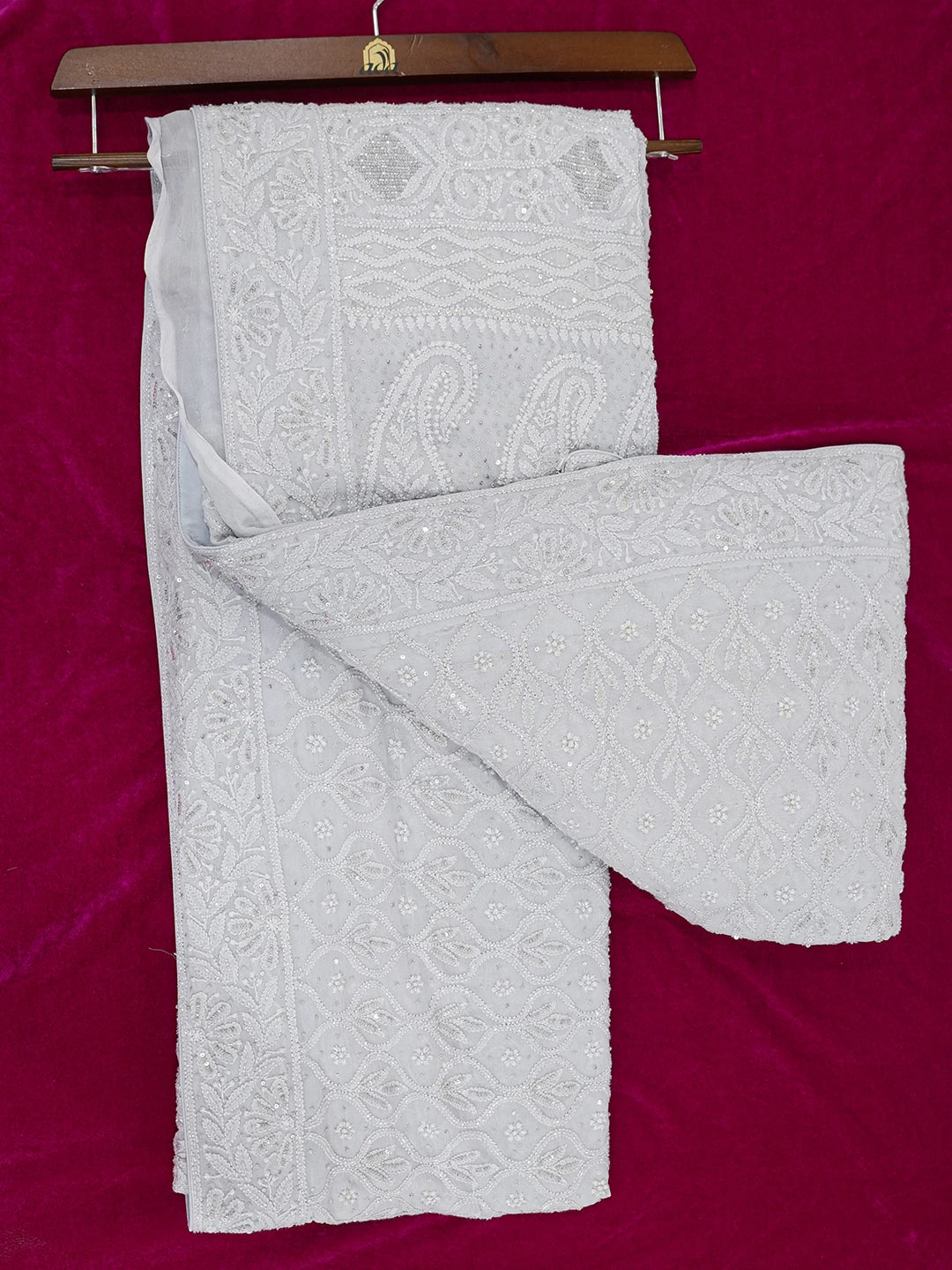 Ada Hand Embroidered Grey Viscose Georgette Lucknowi Chikankari Saree With Blouse And Sequinned Work 01A605352