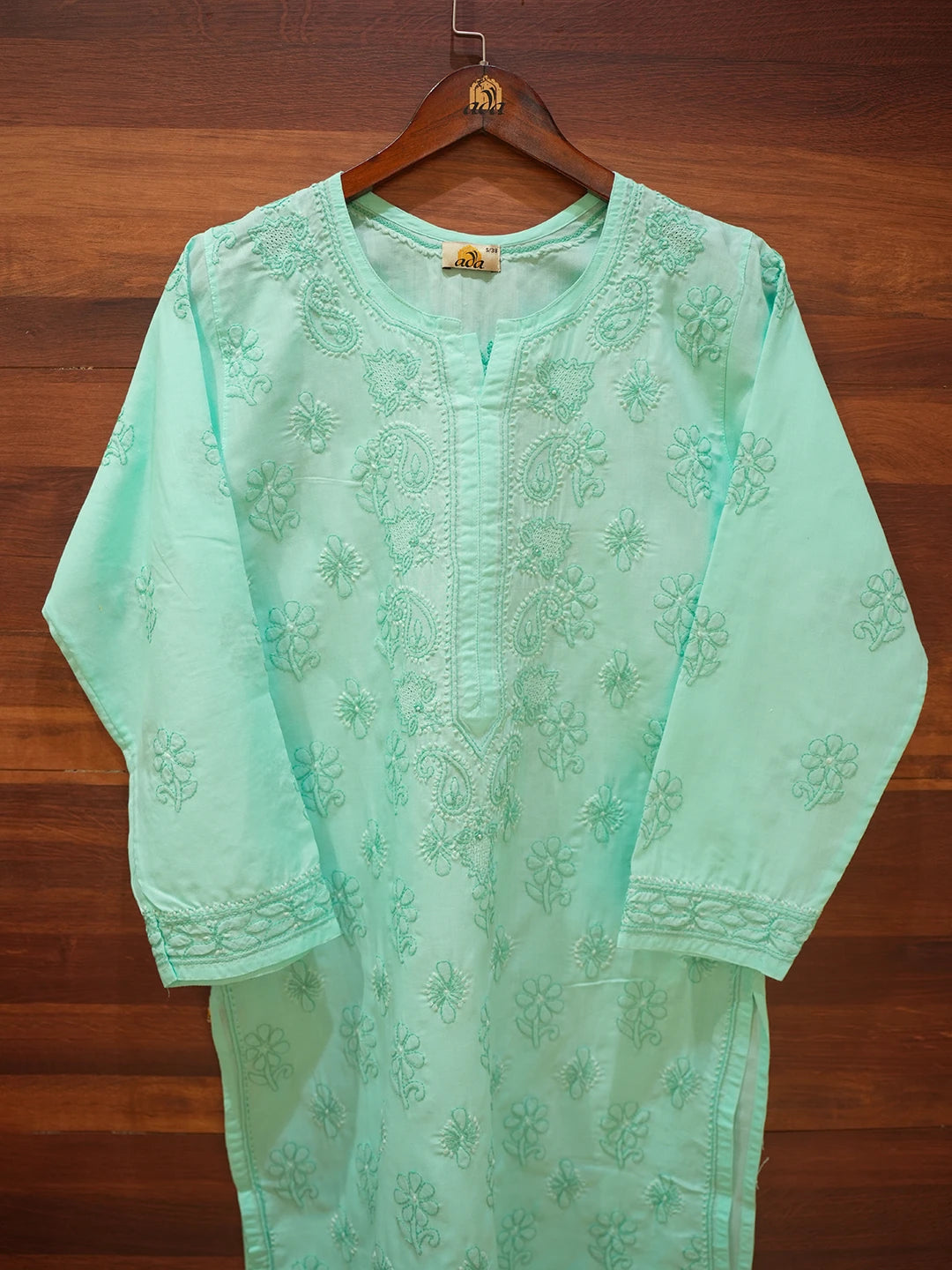 Ada Hand Embroidered Sea Green Cotton Lucknowi Chikankari Straight Kurta A411622