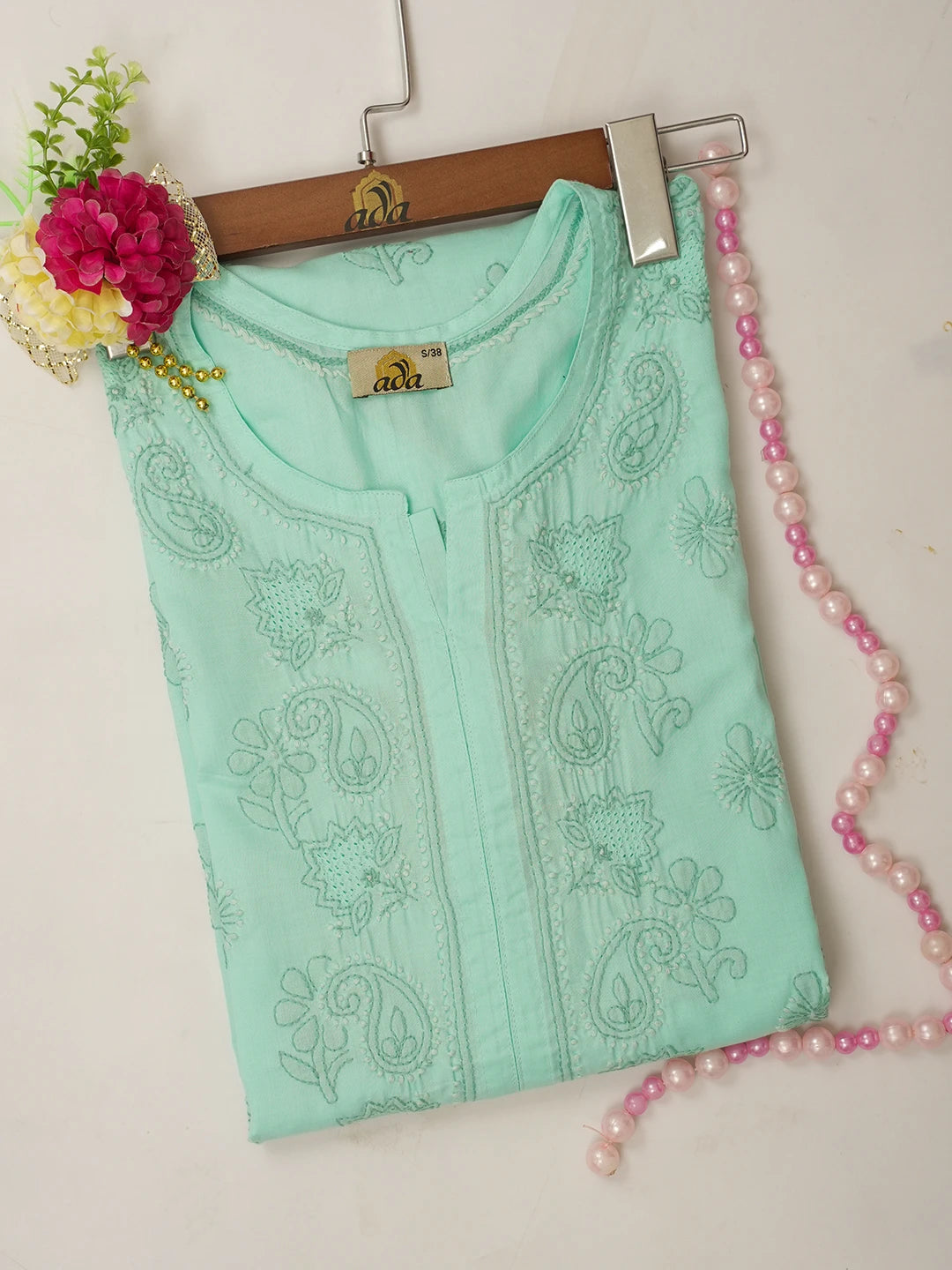 Ada Hand Embroidered Sea Green Cotton Lucknowi Chikankari Straight Kurta A411622