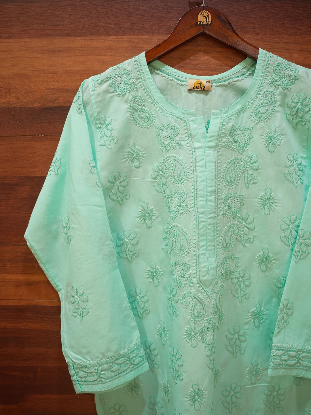 Ada Hand Embroidered Sea Green Cotton Lucknowi Chikankari Straight Kurta A411622