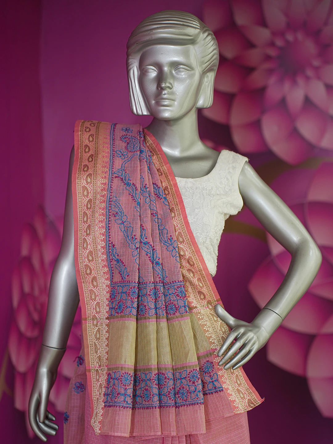 Ada Hand Embroidered Onion Pink Chanderi Lucknowi Chikankari Saree and Blouse 01A468592