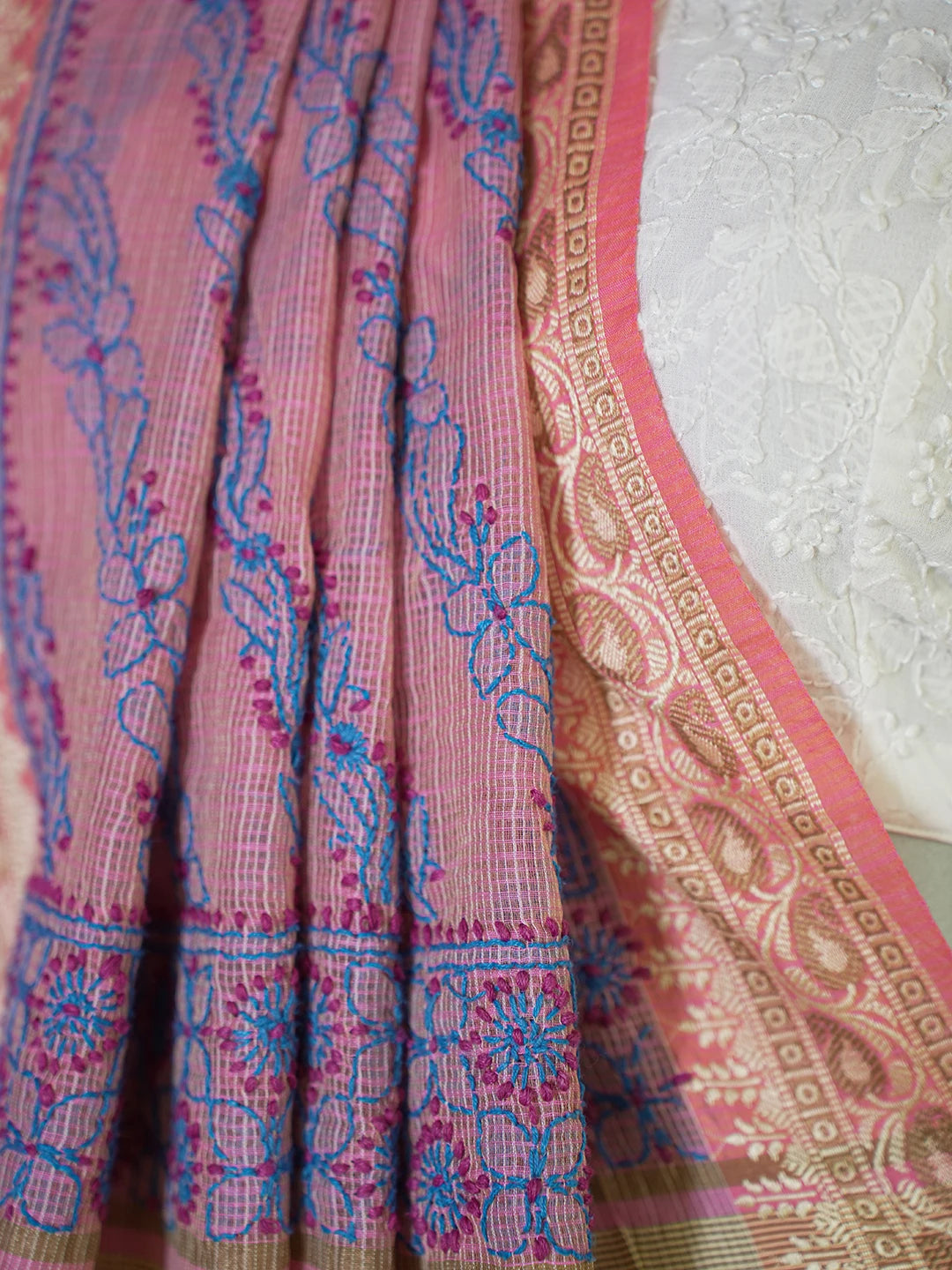 Ada Hand Embroidered Onion Pink Chanderi Lucknowi Chikankari Saree and Blouse 01A468592