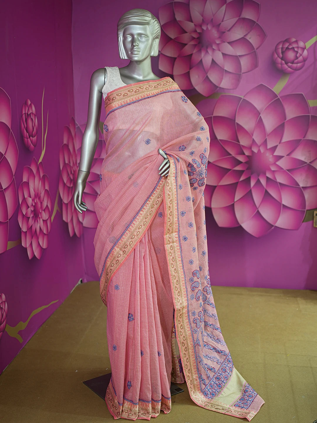 Ada Hand Embroidered Onion Pink Chanderi Lucknowi Chikankari Saree and Blouse 01A468592