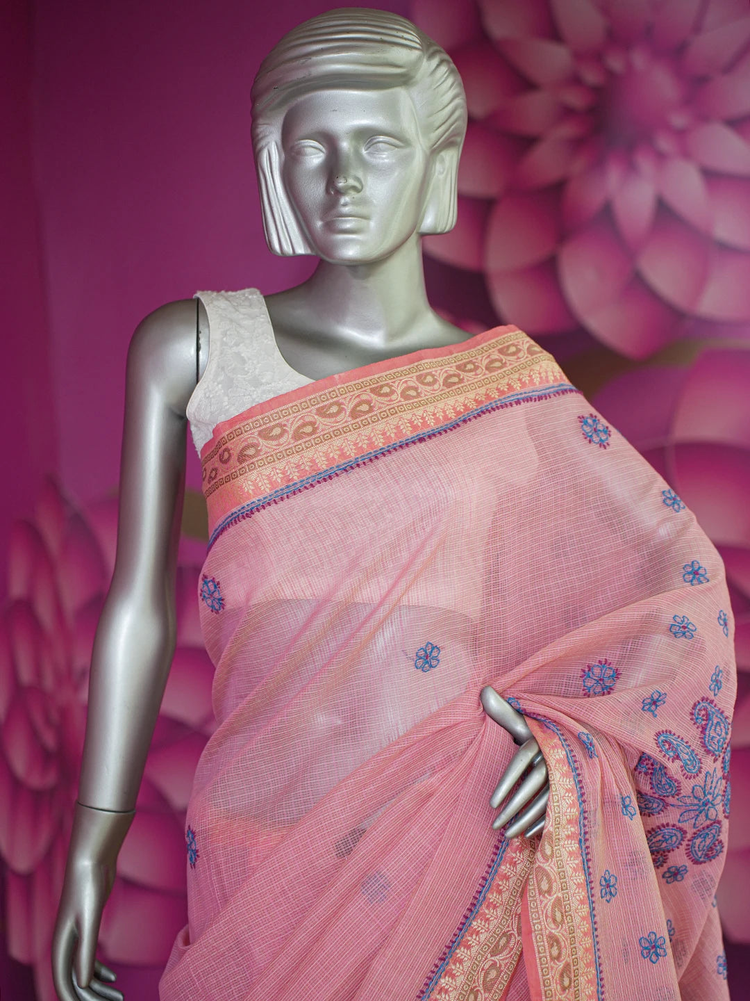 Ada Hand Embroidered Onion Pink Chanderi Lucknowi Chikankari Saree and Blouse 01A468592