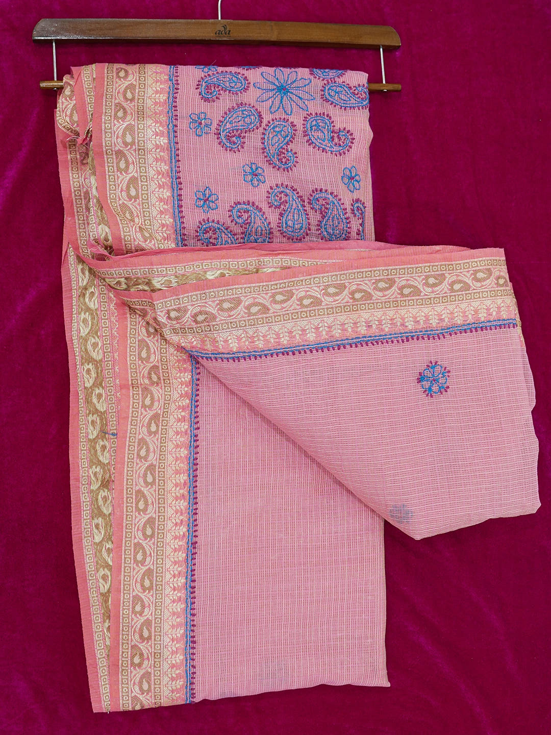 Ada Hand Embroidered Onion Pink Chanderi Lucknowi Chikankari Saree and Blouse 01A468592