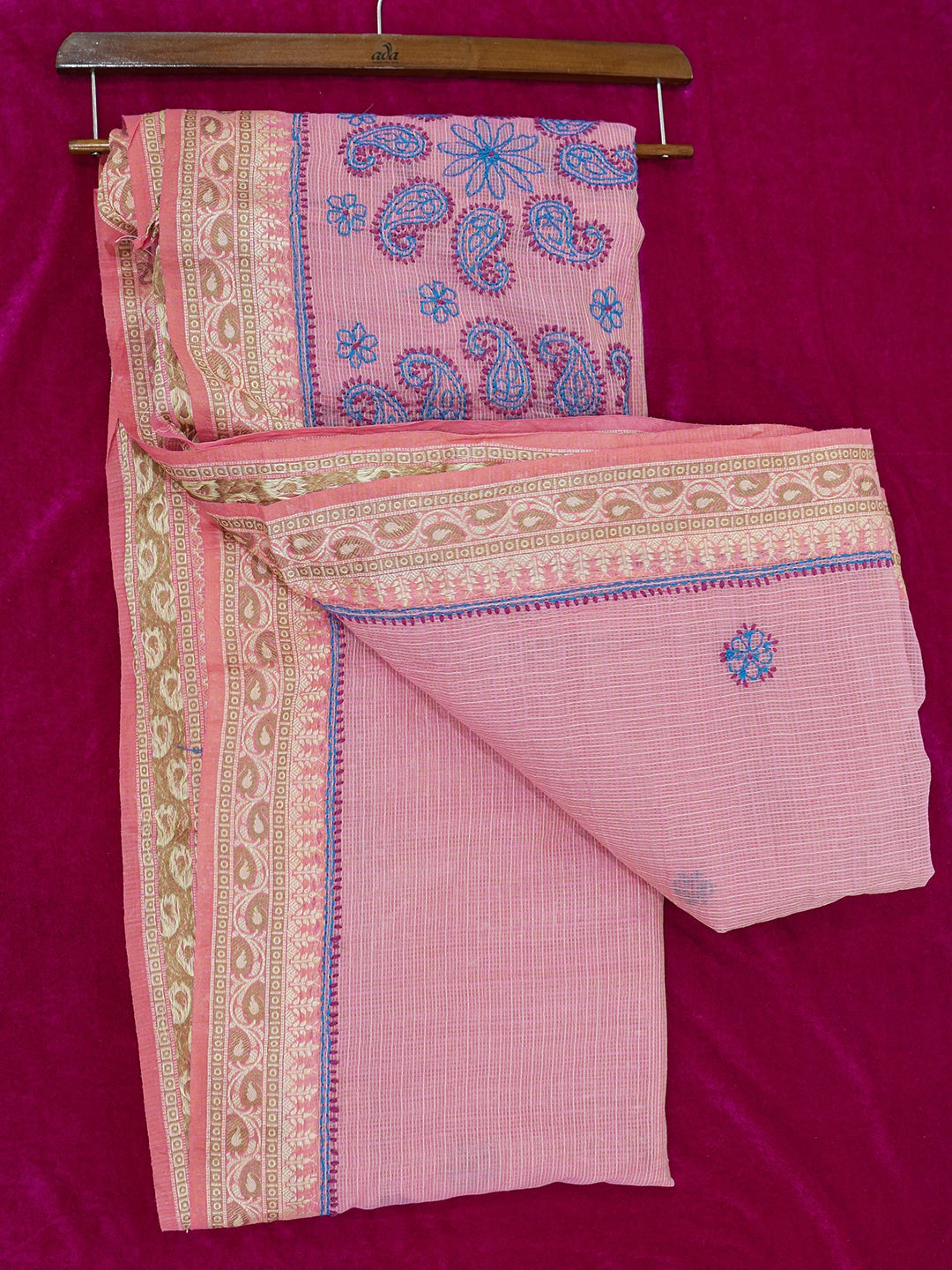 Ada Hand Embroidered Onion Pink Chanderi Lucknowi Chikankari Saree and Blouse 01A468592